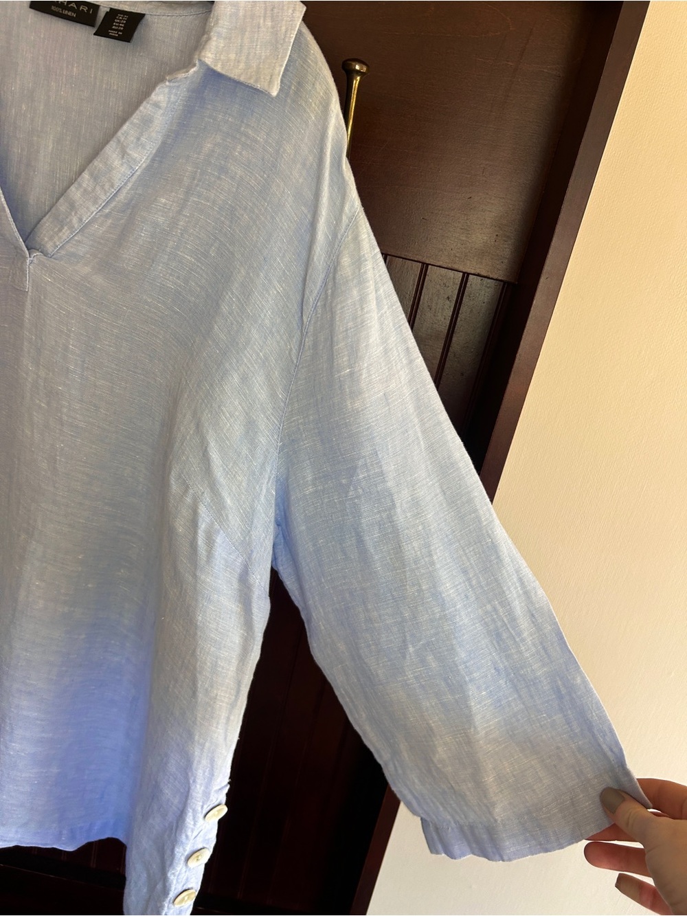 TAHARI Linen V Neck Popover Top 3/4 Sleeve Blue Coastal Breathable Relaxed Sz 1X - Picture 8 of 12